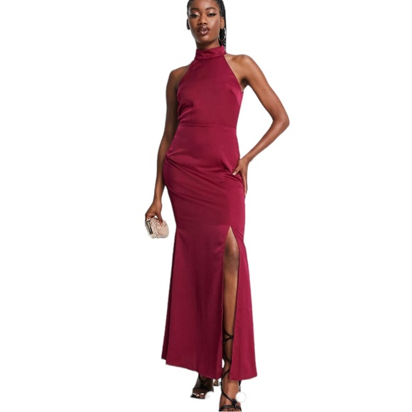 NWT ASOS Little Mistress HIGH NECK SATIN MAXI DRESS Size 8 WINE RED Cocktail - Picture 3 of 10